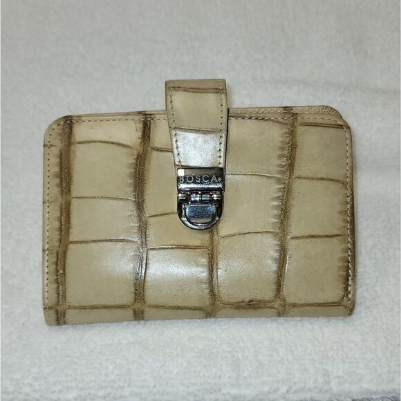 Bosca Bone Color Croc Embossed Leather Wallet - Picture 1 of 5